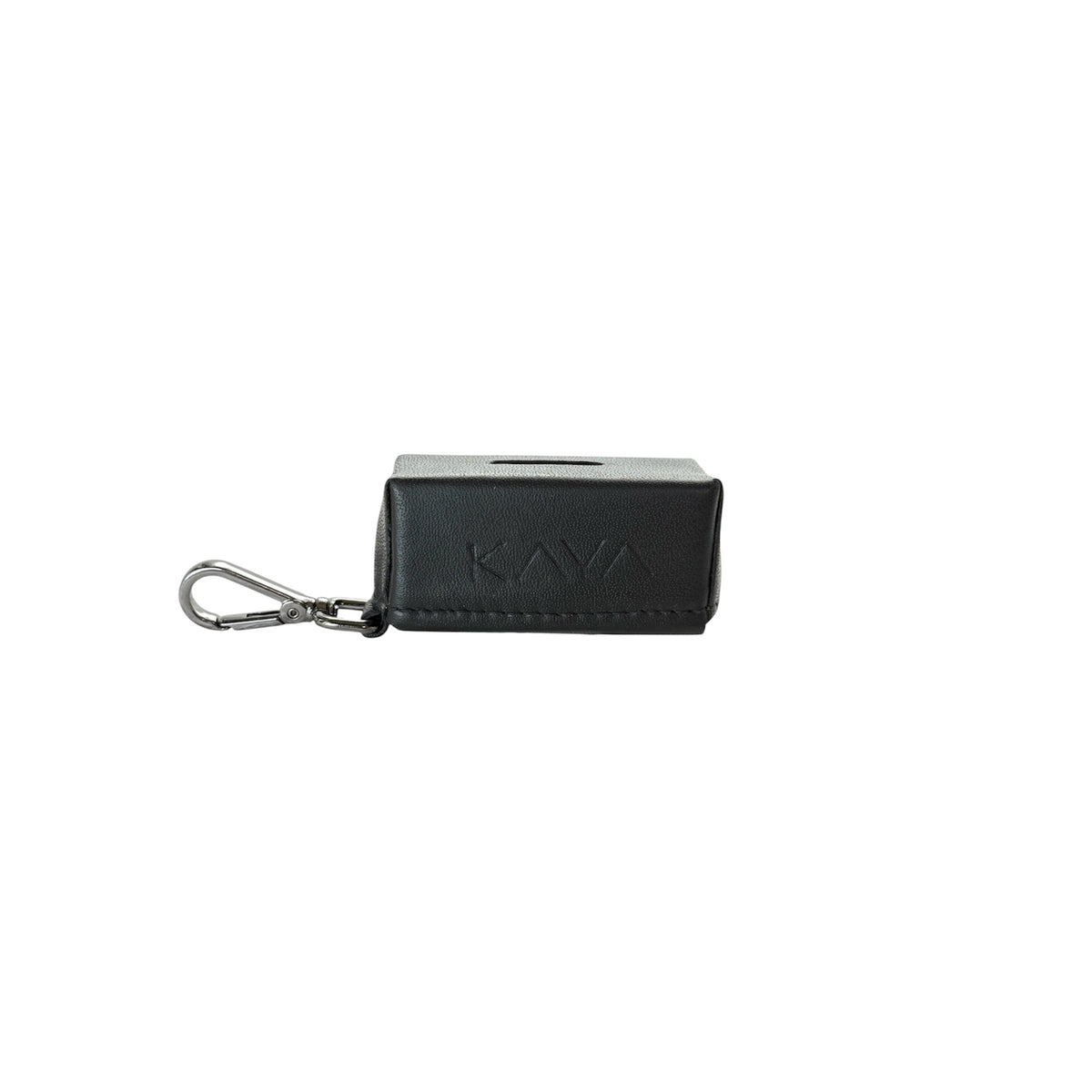 A black rectangular leather waste bag holder with the brand name 'KAVA' embossed on the front, attached to a silver metal carabiner clip, shown against a plain white background.