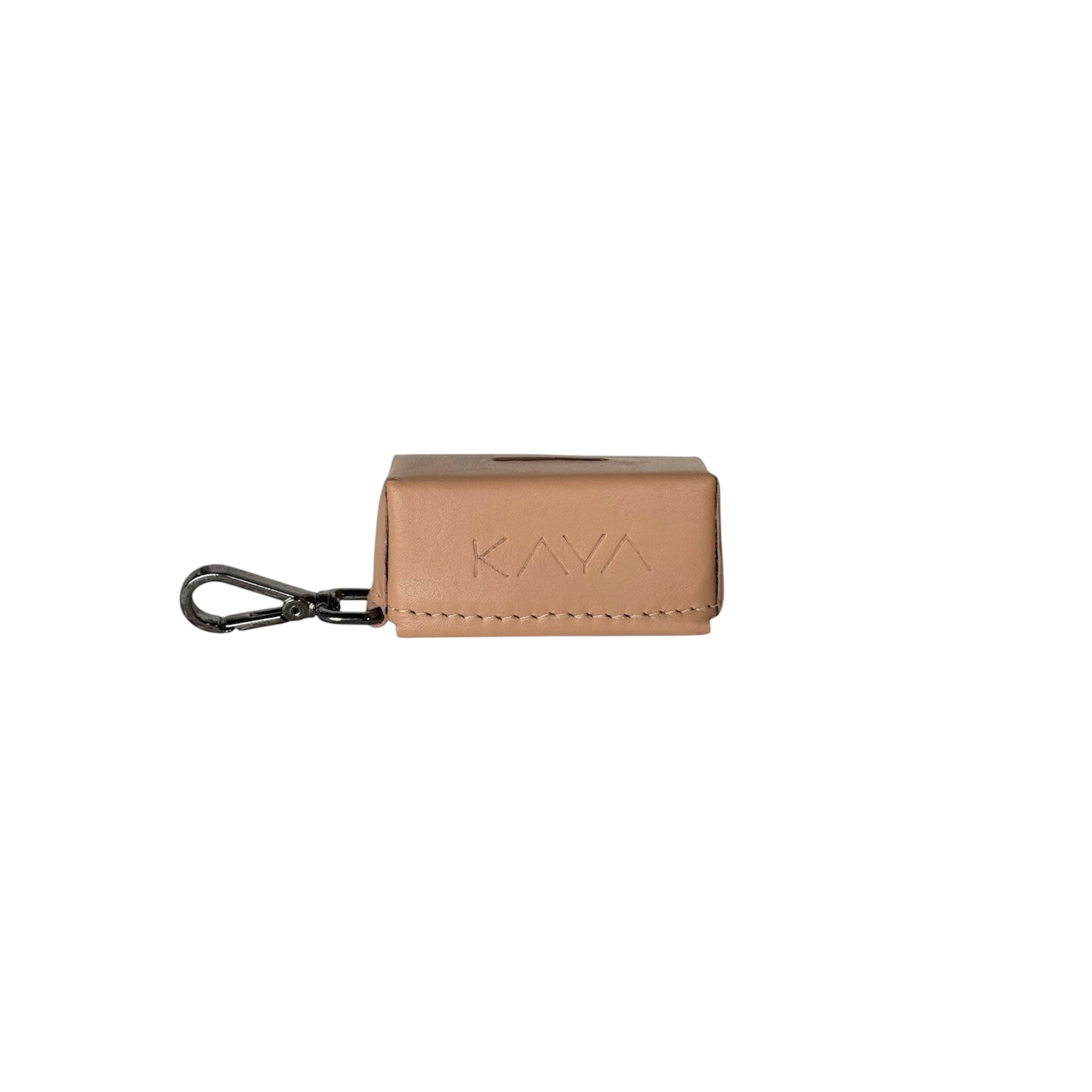 A nude rectangular leather waste bag holder with the brand name 'KAVA' embossed on the front, attached to a silver metal carabiner clip, shown against a plain white background.