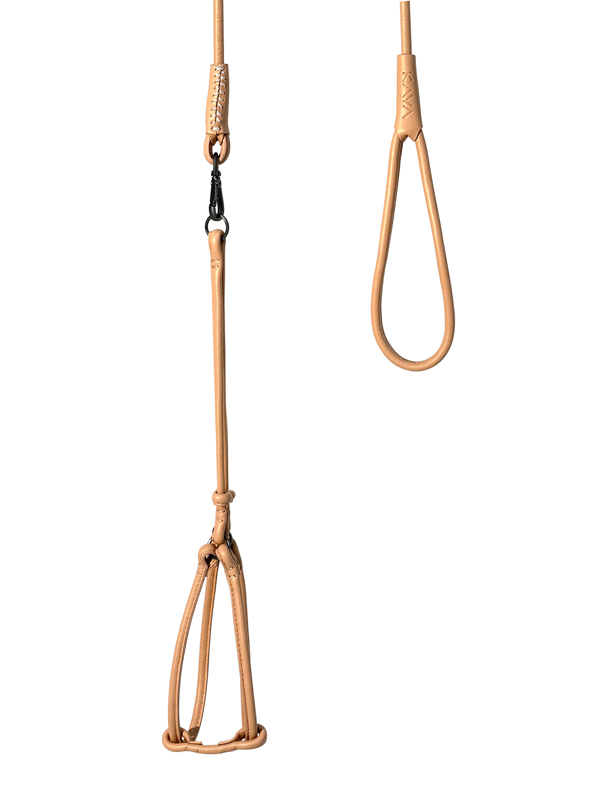 Nude leather dog harness with a metal clip on a white background