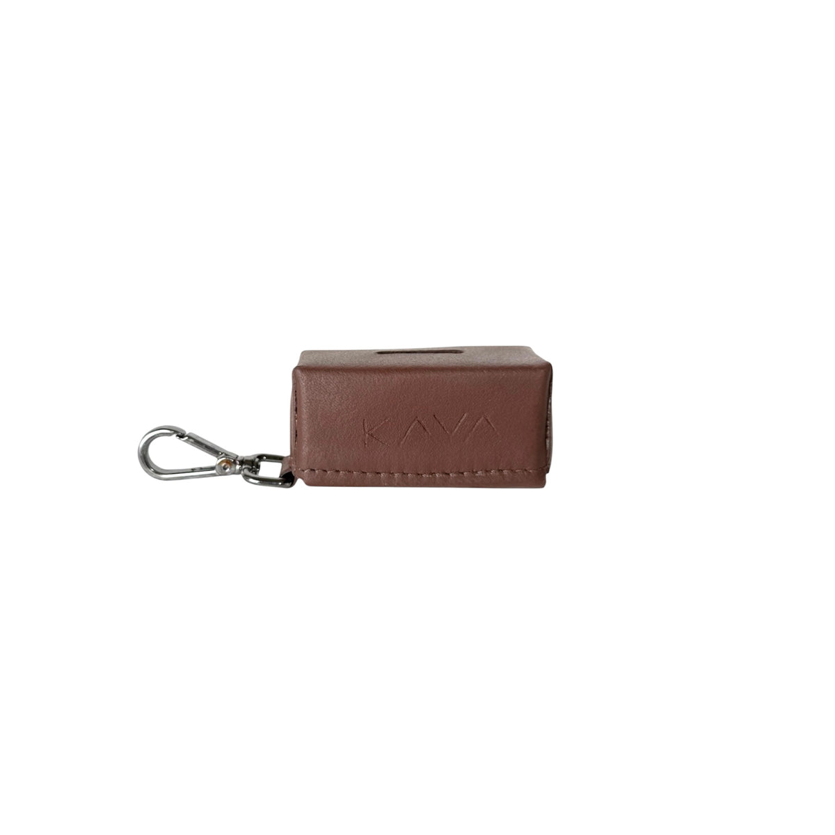 A brown rectangular leather waste bag holder with the brand name 'KAVA' embossed on the front, attached to a silver metal carabiner clip, shown against a plain white background.