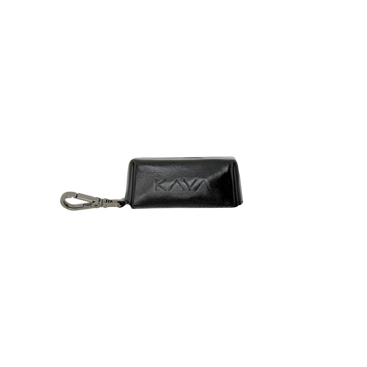 A black leather waste bag holder with graphite metal carabiner clip.