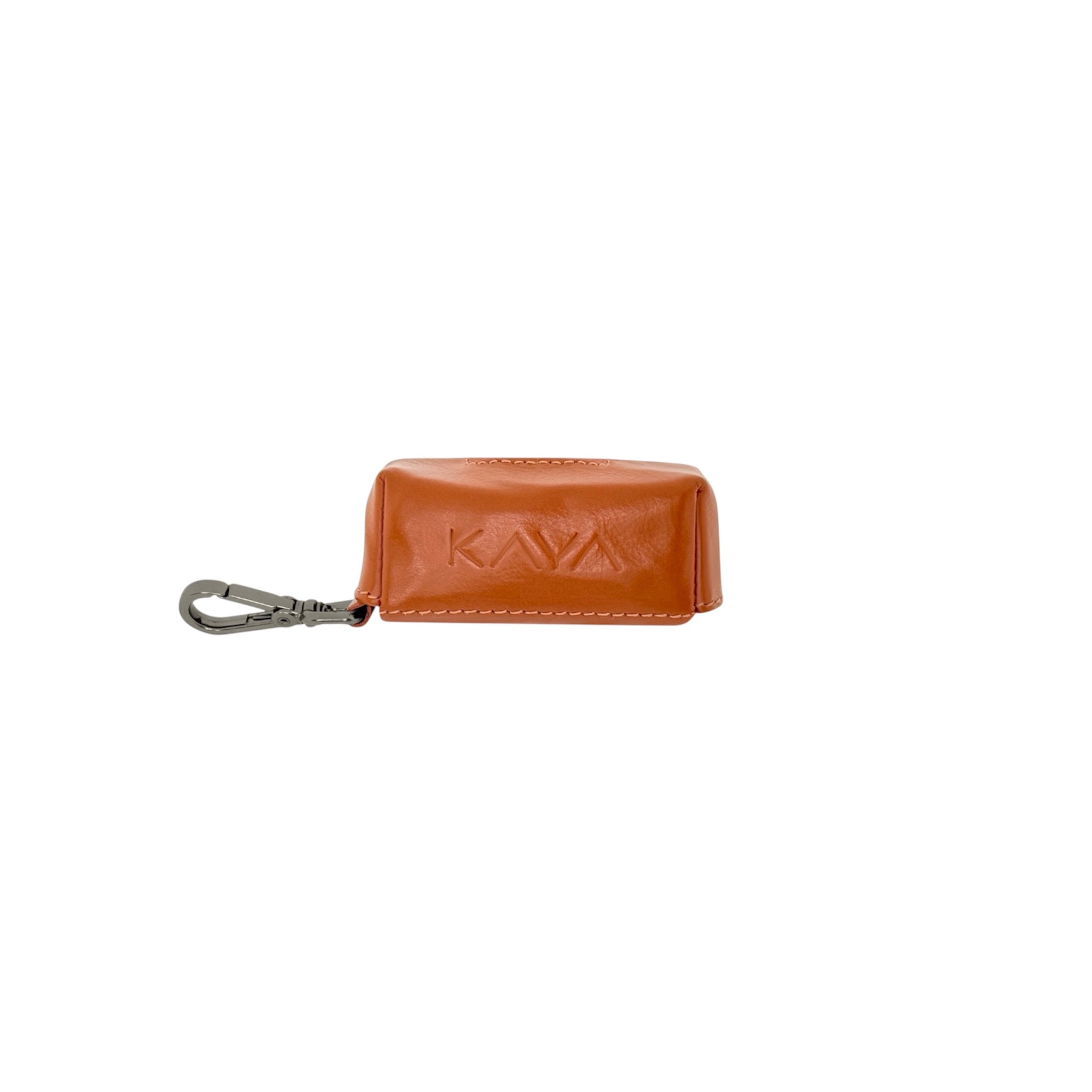 A brown leather waste bag holder with graphite metal carabiner clip.