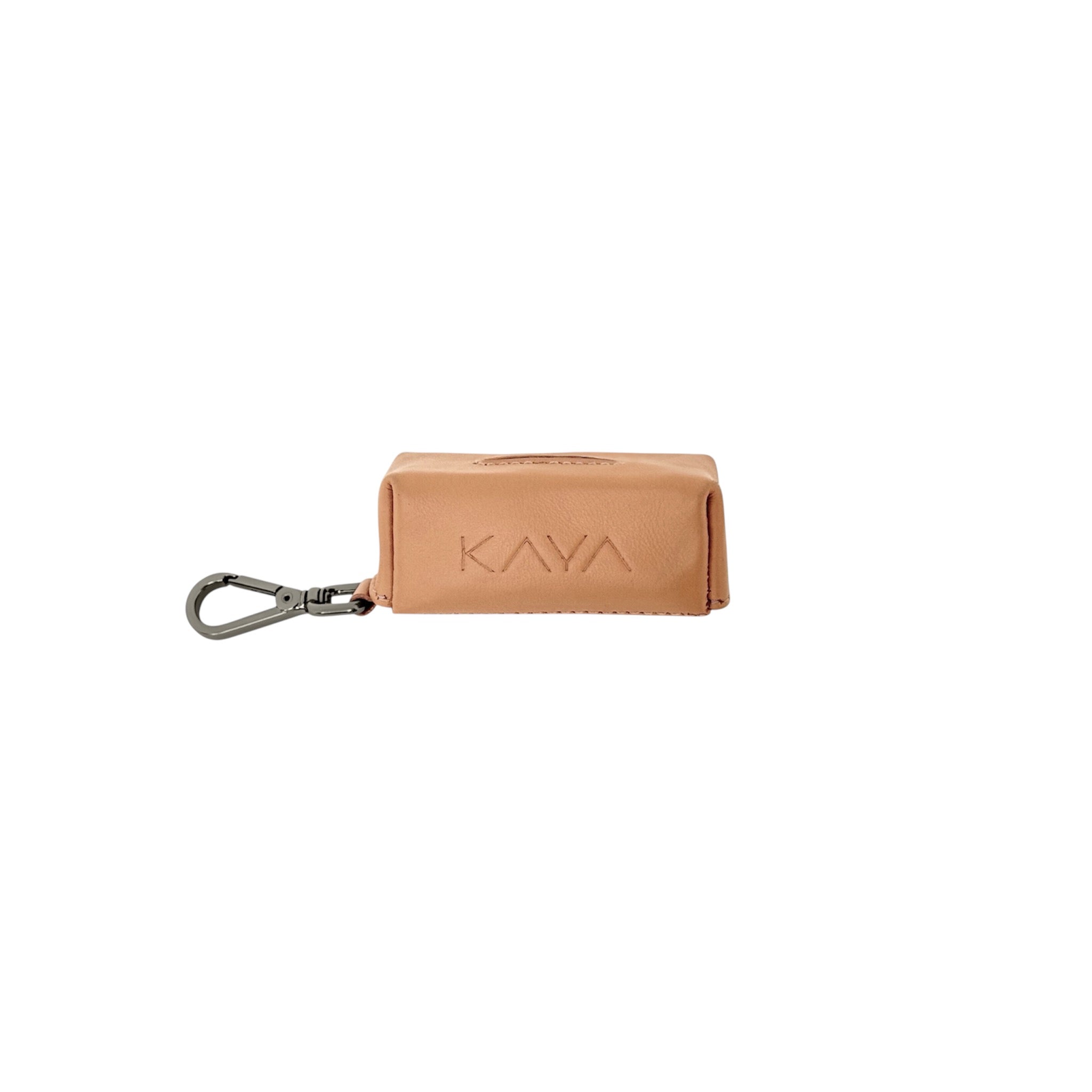 A nude leather waste bag holder with graphite metal carabiner clip.